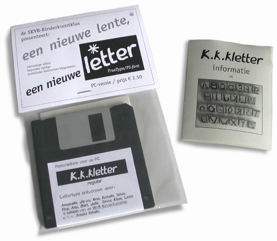 Arnold Schalks, 2003, k.k.kletter, letterfont, typefont, Schrifttype, floppy disc, linosnede, linocut, Linolschnitt, SKVR-Kinderkunstklas, Amy Wang, Annabelle Oosterwijk, Bart van Staveren, David de Boer, Elise Vaags, Jelle Hoksbergen, Jie-yu You, Klaas Hoksbergen, Leslie Harbor, Nina van Bloois, Richelle Bogisch, Sonia Meriin, Winesh Rampertap, de Overkrant, Klaus Sievers, fifty fifty,  Vrije Academie voor Beeldende Kunst, SKVR, Rotterdam